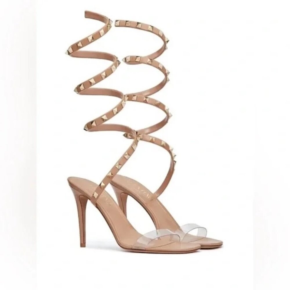 Valentino Rockstud Studded PVC Leather Wrap Strap Heels Sandals Shoes - Picture 3 of 16